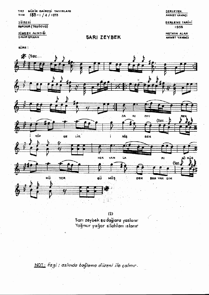 SARI ZEYBEK ŞU DAĞLARA YASLANIR - I