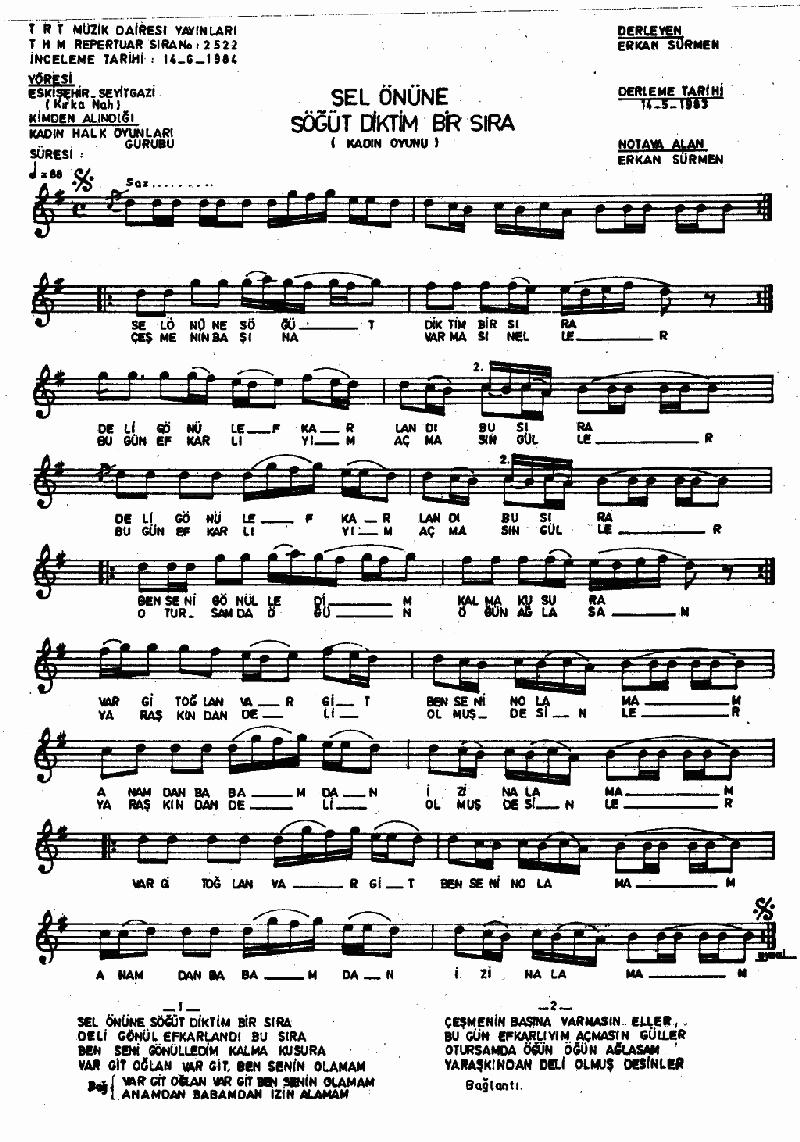 SEL ÖNÜNE SÖĞÜT DİKTİM BİR SIRA