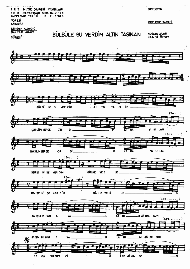 BÜLBÜLE SU VERDİM ALTIN TASINAN