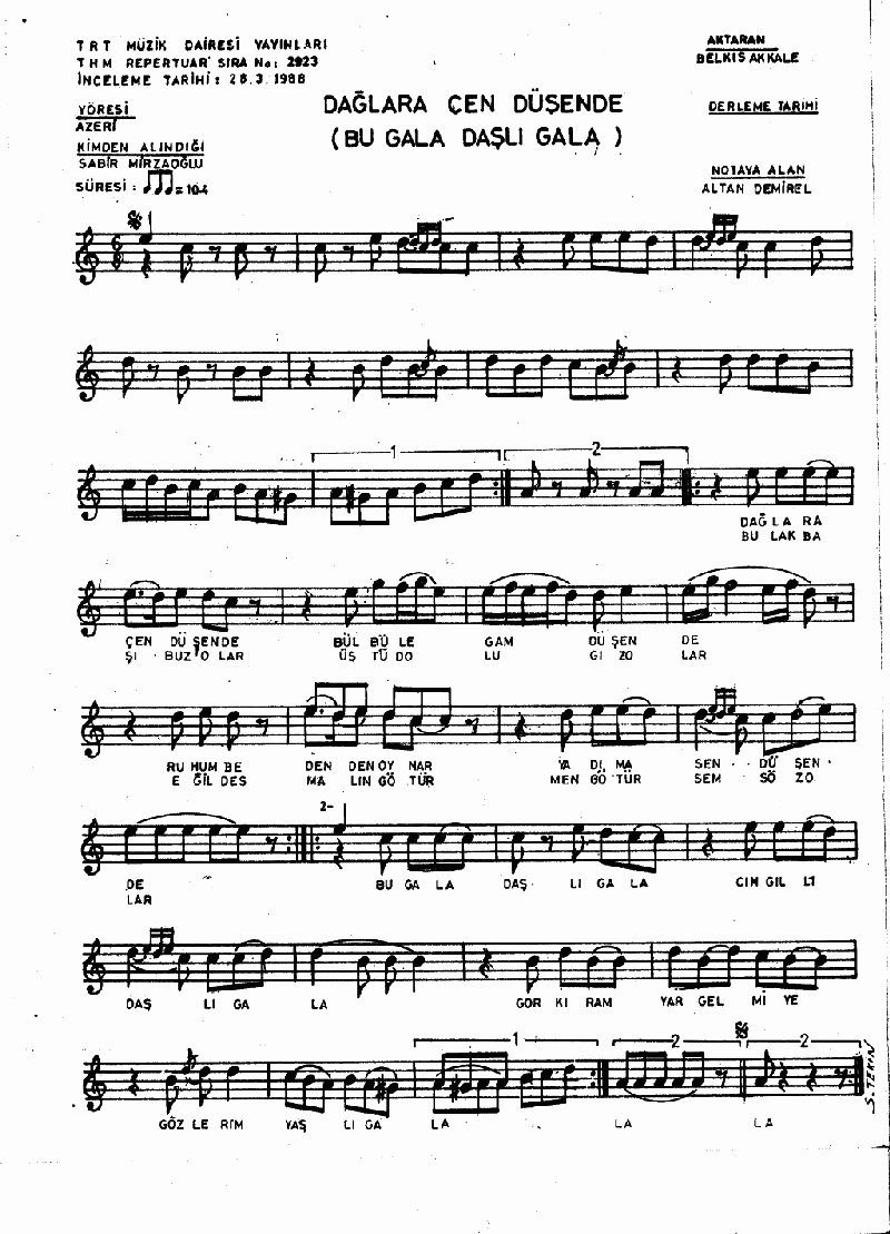 DAĞLARA ÇEN DÜŞENDE (Bu Gala Daşlı Gala))