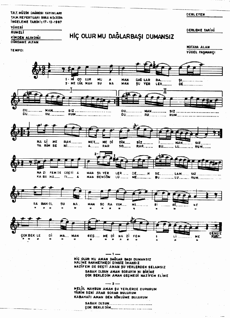 HİÇ OLUR MU DAĞLAR BAŞI DUMANSIZ