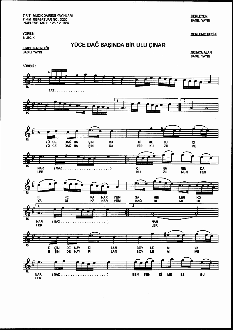 YÜCE DAĞ BAŞINDA BİR ULU ÇINAR - II