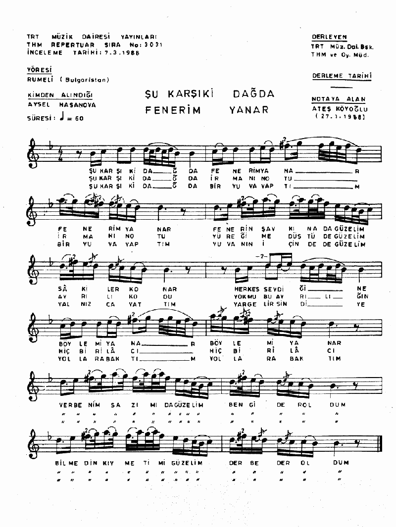 ŞU KARŞIKİ DAĞDA FENERİM YANAR